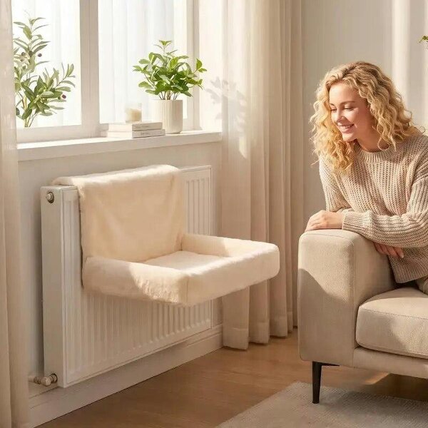 Cat Radiator Bed, Hanging Warm Hammock w/ Foldable Metal Frame, Removable Washable Cover, Cream - Cream