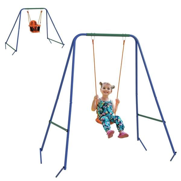 Orange and blue toddler garden swing set with enclosed seat and hanging ropes