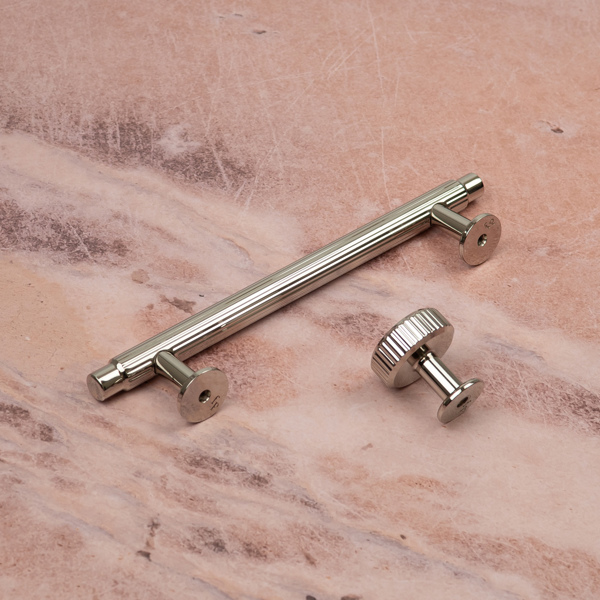 Handle & Home Bright Nickel Reeded Cabinet T-Bar Handle and Coordinating Disc Knob
