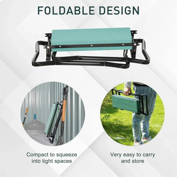 Foldable garden kneeler seat with dark green padded board and compact black base