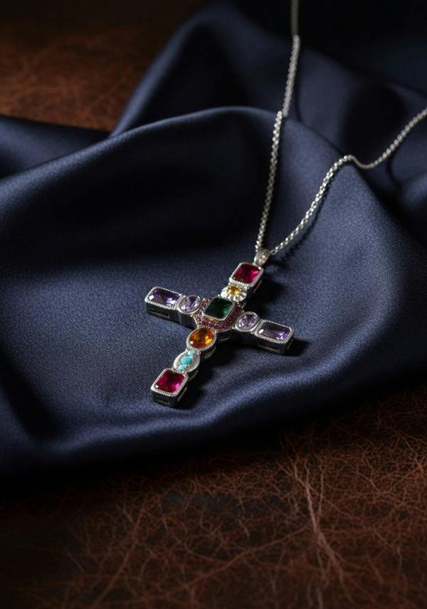 Cross-shaped necklace with colorful gemstones on a dark fabric background