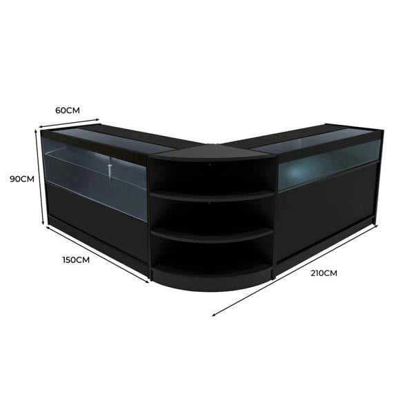 Harmonia LED Shop Counter Set in black, featuring sleek glass displays, curved design, and ample storage with modern LED lighting