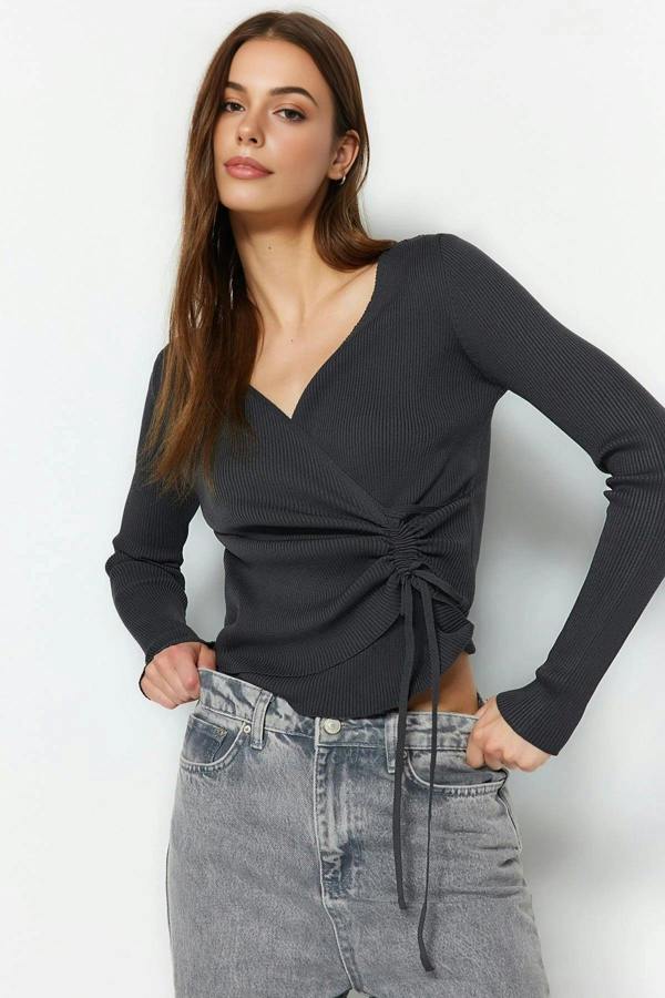 WOVCOR Double-Breasted Knit Sweater with Gathering Detail
