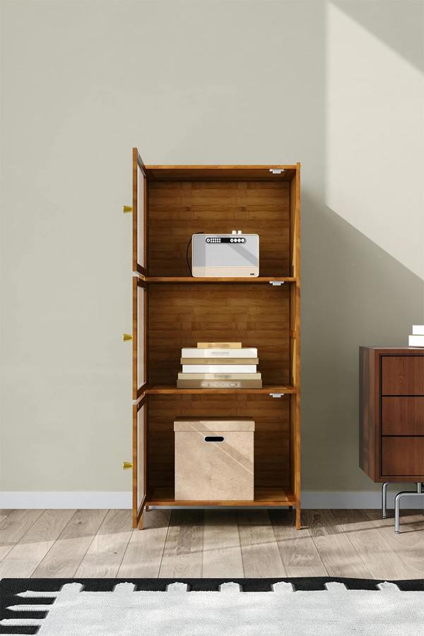 Living and Home Versatile 3-Tier Bamboo Storage Cabinet Bookcase Bookshelf Storage Rack w/ Doors