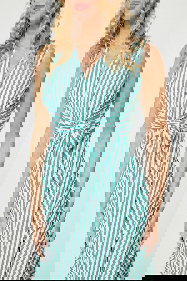 Green | Striped Tie Waist Tiered Midi Dress