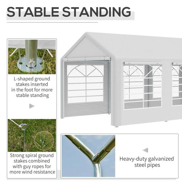White gazebo tent with front door opening, clear window panels, and ground stakes