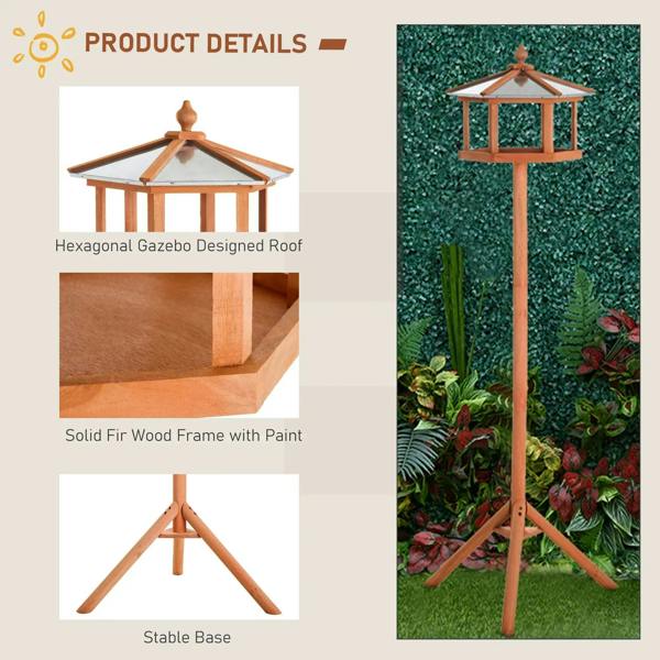 Wooden bird feeding table gazebo with hexagonal roof, solid wood frame, natural wood.
