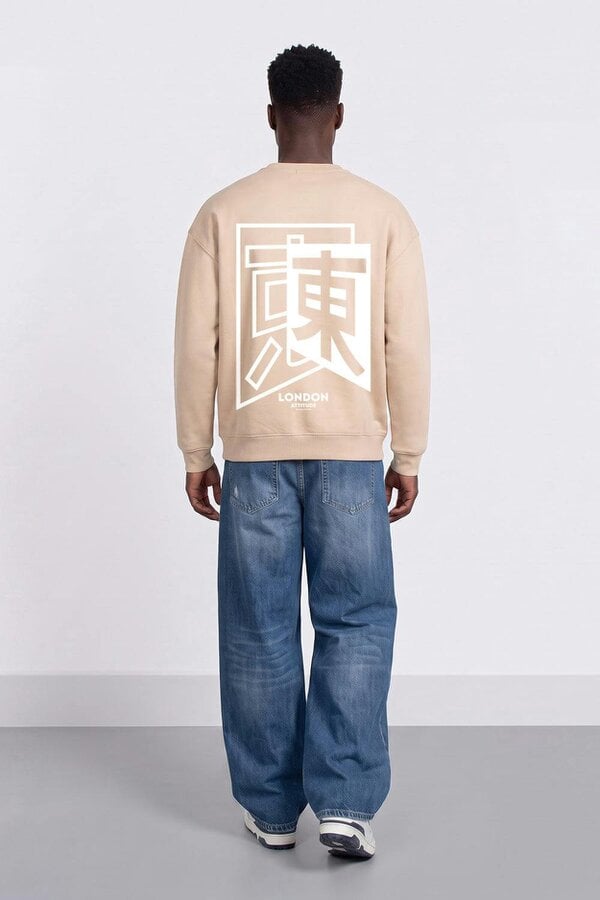 London Attitude Relaxed Fit Japanese Inspired Graphic Sweatshirt - Nude