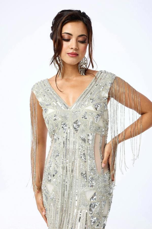 LuvForever Arien - Silver Jewelled Sequin Maxi Dress