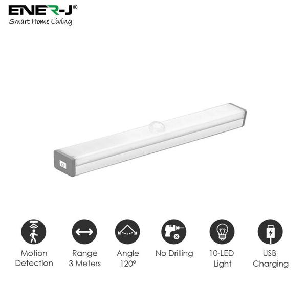 ENER-J Pack of 2 Rechargeable Motion Sensor Cabinet Lights, 10 LED with 2 Switch Modes, USB Charging, for Kitchen Wardrobe Closet