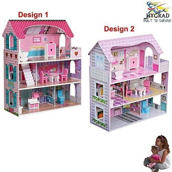 HYGRAD BUILT TO SURVIVE HYGRAD® Kids Wooden Three Levels Victorian Wooden Doll House with Furniture Set For Role Play (Design 2)