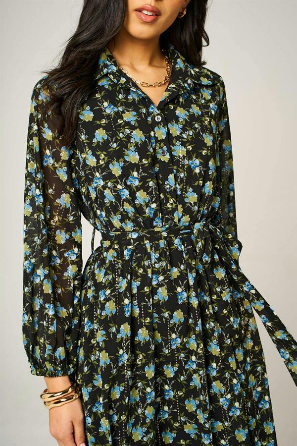 FS Collection Floral Print Hem Detail Shirt Midi Dress With Tie Waist In Black