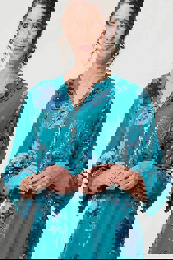 Blue | Floral Sequin Detail 3/4 Sleeve Blouse
