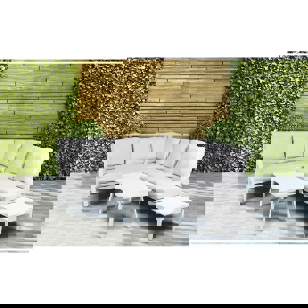 Premium 5 Seater Garden Coffee Table Set - White Aluminium Corner Sofa & Grey - LoopsDirect