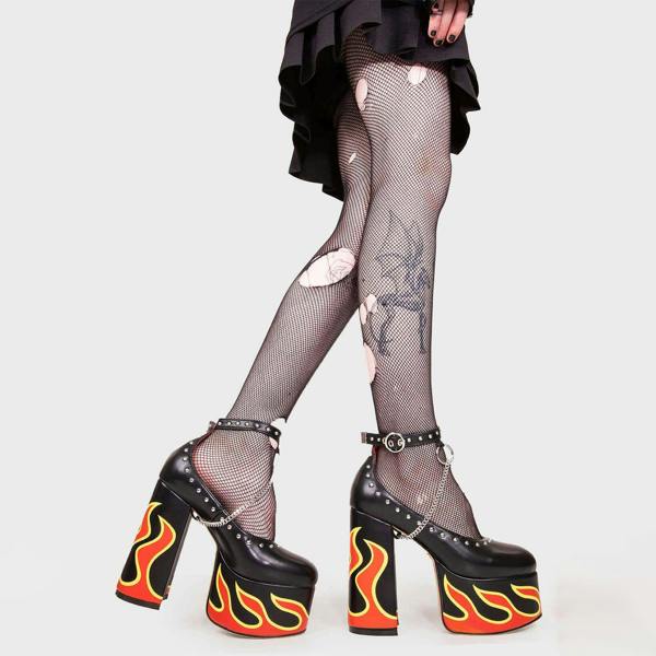 Lamoda Desire Black PU Flame Platform Heels Chunky Gothic Party High Heel