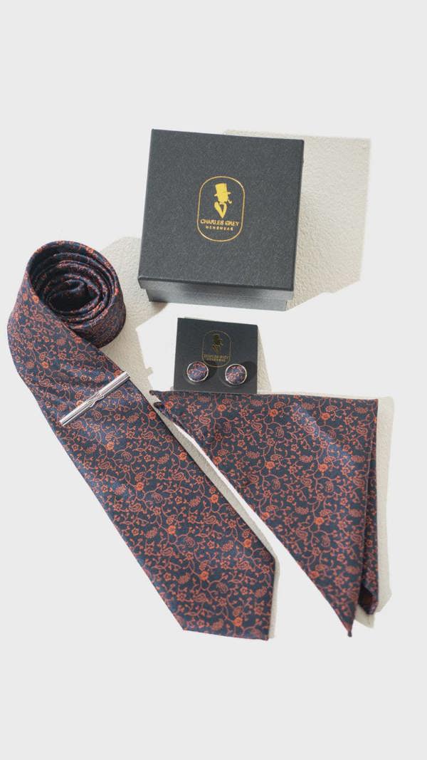 Charles Grey Tie, Pocket Square, Cuff Link & Tie Clip Set - Navy & Rust