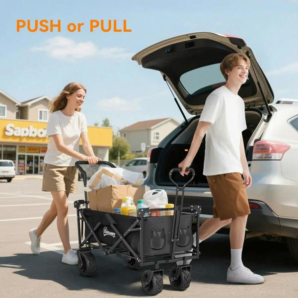 Black folding trolley cart with canopy, side organizer pockets, and 4 wheel base