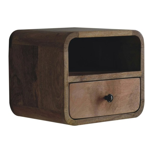 Artisan Furniture Solid Wood Extra Mini Wall Mounted Curved Oak-ish Bedside with Open Slot