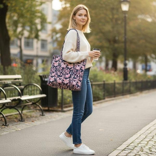 Hayley & Co Navy and Pink Flower Quilted Cotton Tote Bag