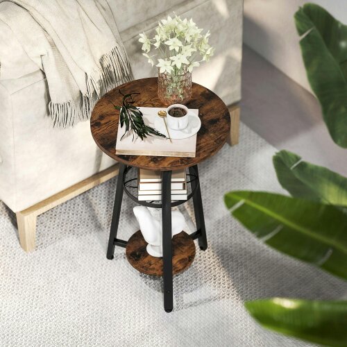 Wyld Haus Neri Rustic Brown Wooden Round Side Table With 3 Tier Storage Floral Design