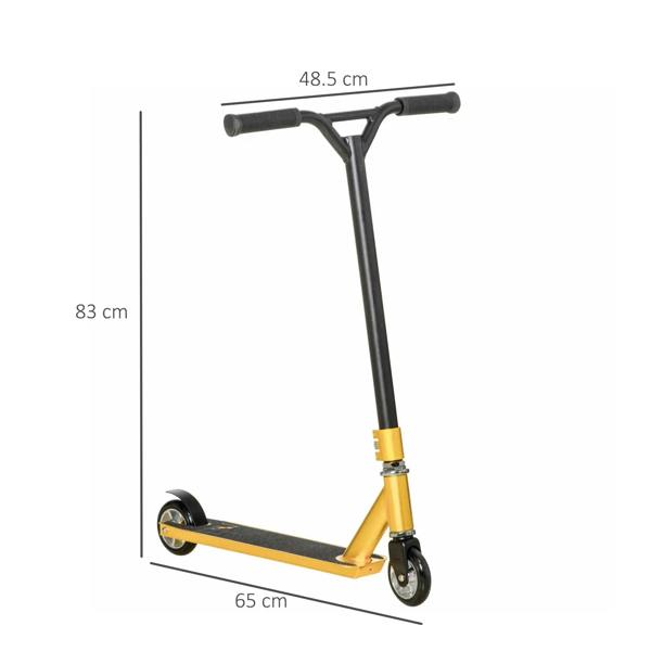 Gold and black stunt scooter with handlebars, front wheel, and deck with size diagram