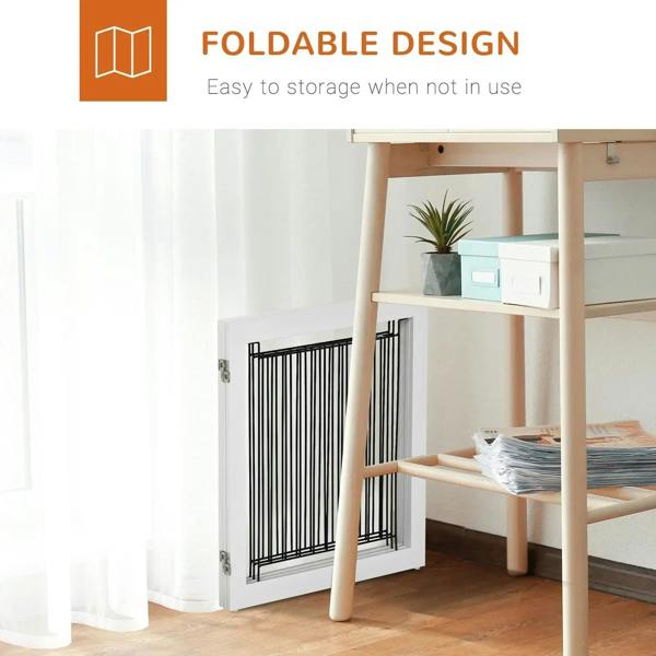 White foldable pet gate with black vertical bars standing in an interior doorway