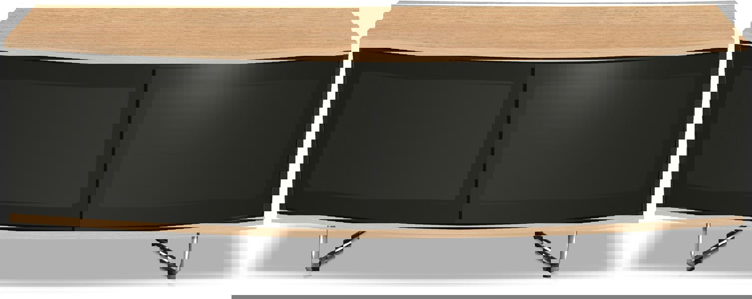 Centurion Supports Caru Gloss Black and Oak Beam-Thru Remote Friendly Super-Contemporary "D" Shape Design 32"-65" LED/OLED/LCD TV Cabinet