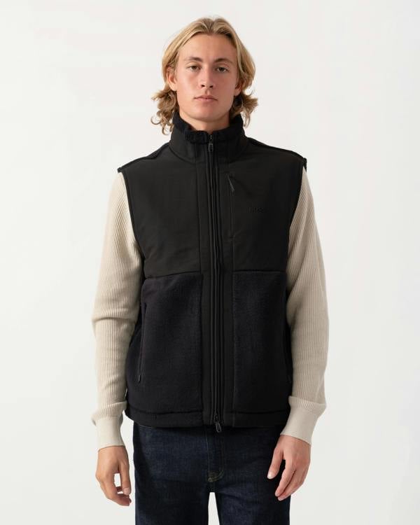 Front of the BOSS Green Sveedy Mens Contrast-panel teddy fleece gilet with logo  - Black 001