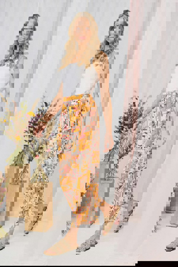 Orange | Patchwork Print High Waist Wide Leg Trousers : Model is 5'10"/178 cm and wears UK10/EU38/US6/AUS10