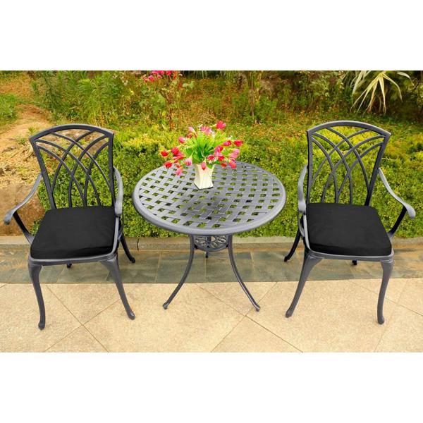 Homeology OSHOWA Grey Aluminium Weatherproof Outdoor Table and 2 Comfortable Chairs with Armrests Bistro Set with Black Cushions