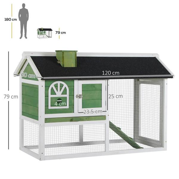 Green rabbit hutch with white frame, mesh enclosure, and built-in ramp