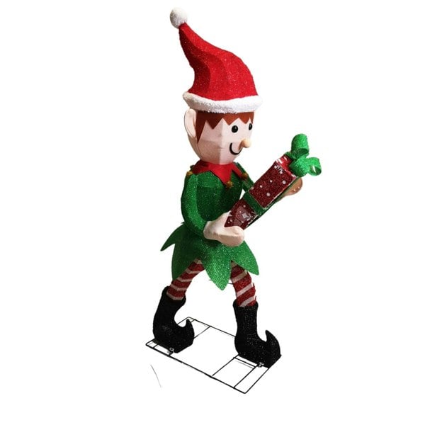 Samuel Alexander 107cm Warm White LED Lit Elf Character with Present Christmas Decoration in Green and Red