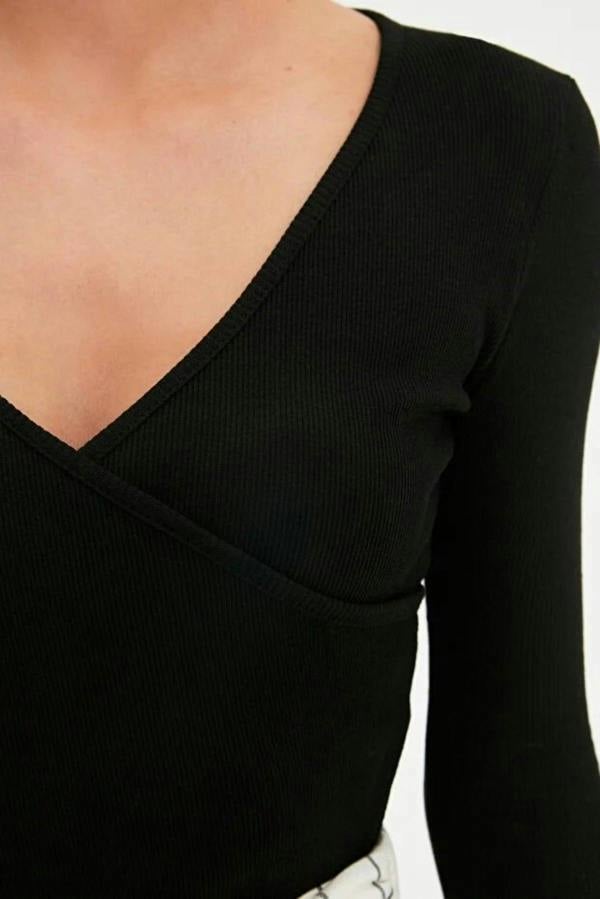 WOVCOR Double Breasted Collar Long Sleeve Ribbed Knit Blouse