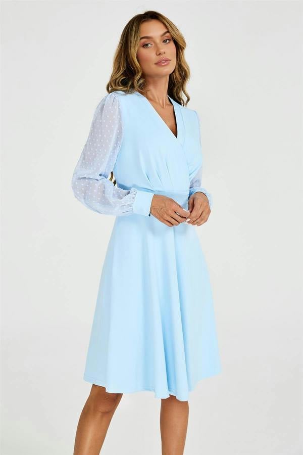 FS Collection Long Sleeve Pleated Detail Midi Dress In Pale Blue