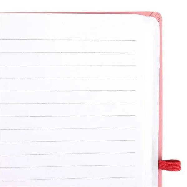 Open pink journal showing lined pages with red border binding
