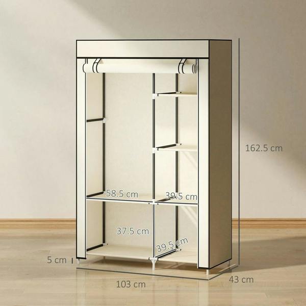 Cream foldable wardrobe with framed shelves and hanging rail, side view