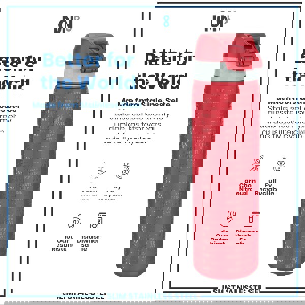 A red stainless steel water bottle, displaying repeated “Atlanta Rise Up” text, sits against a white background featuring product information; it is carbon neutral, fully recyclable, odour resistant and dishwasher safe.