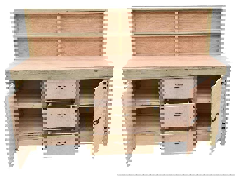 Arbor Garden Solutions Eucalyptus top workbench with drawers and double lockable cupboard (V.8) with back panel & double shelf