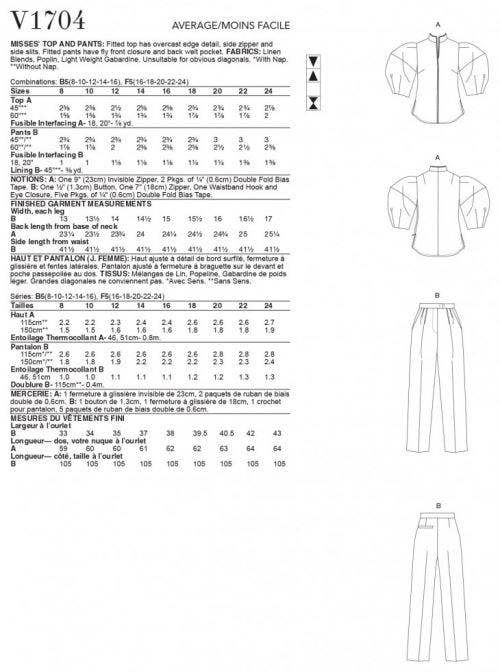 Vogue Sewing Pattern 1704, Tops, Trousers for Women, F5 (16-18-20-22-24) - Intermediate
