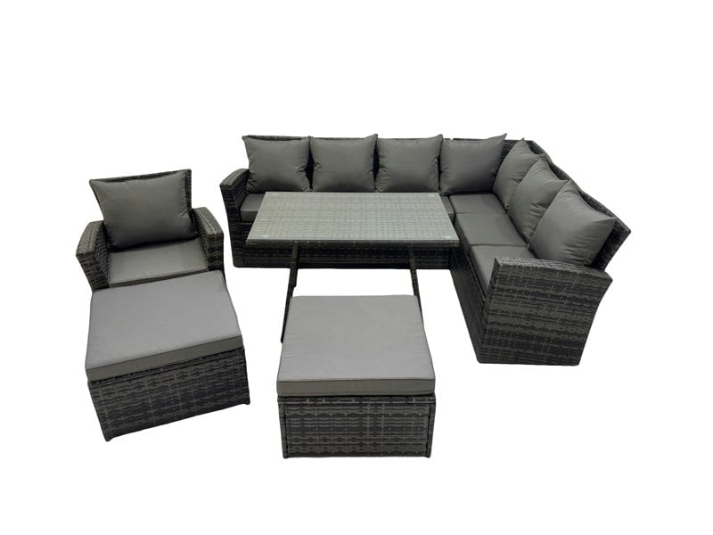 Fimous 9 Seater Garden Outdoor Rattan Furniture Set Rattan Corner Sofa Oblong Dining Table with Armchair 2 Big Footstools Dark Grey