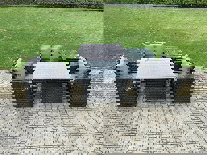 Fimous Outdoor Rattan Garden Furniture Set Height Adjustable Rising lifting Dining Table Love Sofa With Side Table Chair