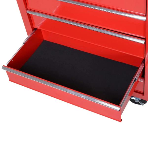 Open top drawer of red tool storage cabinet with black interior lining