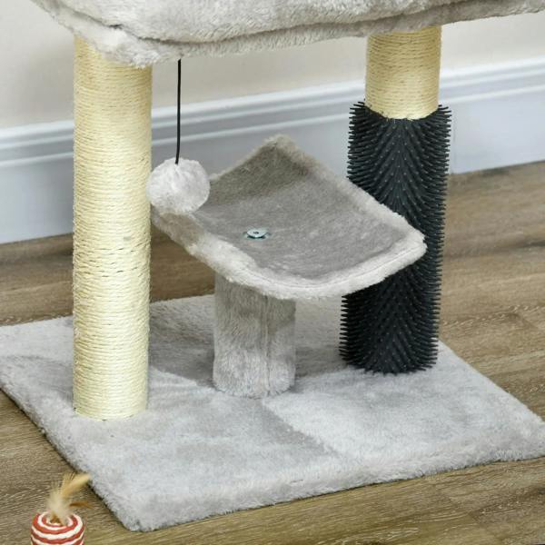 Grey and dark grey cat tree with cushioned platforms, pom toy, and vertical scratching posts.