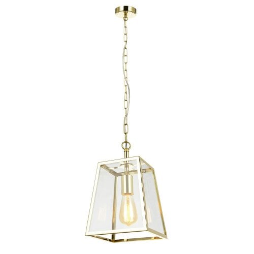 Happy Homewares Classic Lantern Pendant Lamp in Polished Gold with Clear Glass Sides