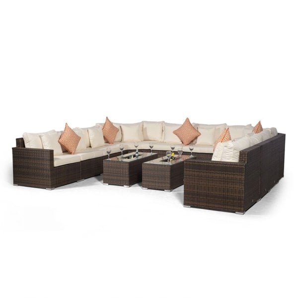 Giardino Santorini U Shape Modular 10 Seat Rattan Sofa Set With Armrest Drinks Cooler & 2 Drinks Cooler Coffee Tables