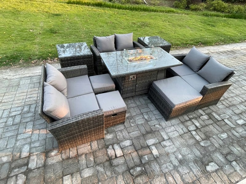 Fimous High Back Rattan Garden Furniture Sofa Sets with Outdoor Furniture Gas Firepit Dining Table Set 3 Footstools 2 Side Tables Dark Grey Mixed