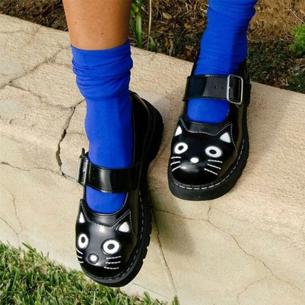 TUK Footwear TUK Womens Mary Jane Kitty Black Leather Platform Goth Shoes - T2025