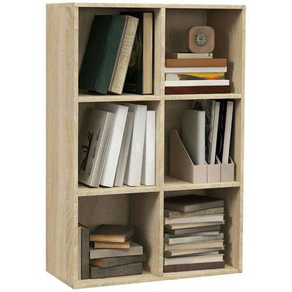 Oak wood effect six-cube bookcase with open front storage squares for books