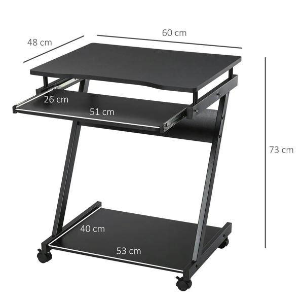 Black movable desk with sliding keyboard tray and two-tier shelves; size labels shown