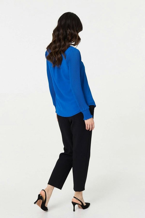 Blue | Keyhole Cut-Out Neck Long Sleeve Blouse
